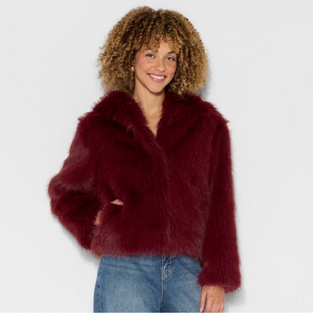 Burgundy Faux Fur Jackets /hood
